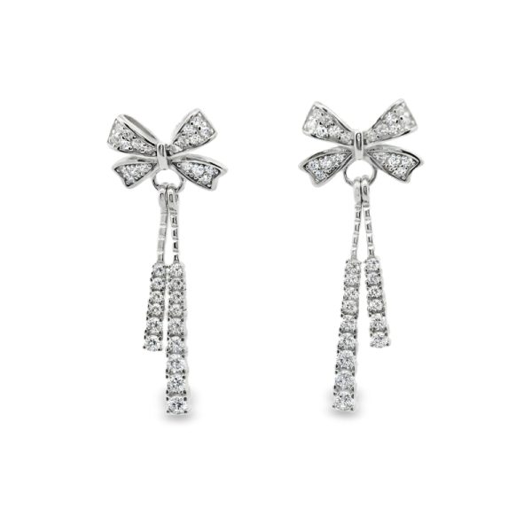 Silver CZ Drop Earrings | Elegant Bow & Tassel Design SE042