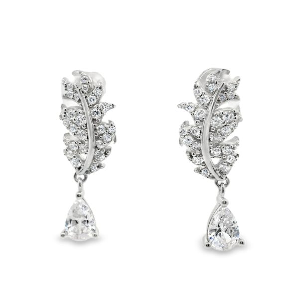 Silver Leaf Drop Earrings | Sparkling Pear Cut Design SE035