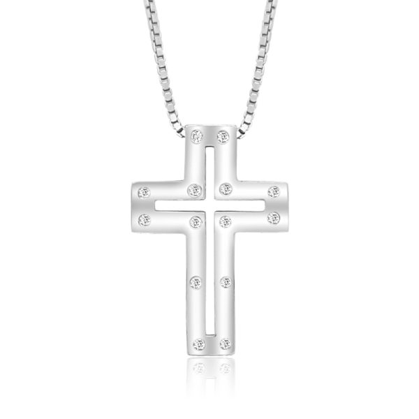 18K Gold Cubic Zirconia-Set Cut-Out Cross Pendant GC048