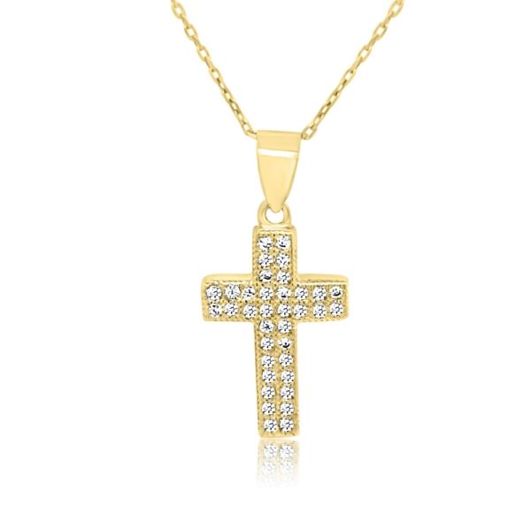 Dazzling 9K Gold Pave CZ Cross Pendant - Double Row GP084