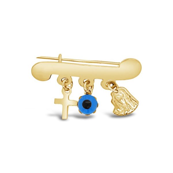 18K Gold Safety Pin Brooch / Evil Eye & Cross Charms GBR004