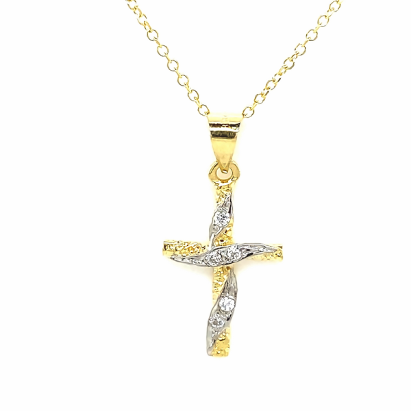 Two-Tone Gold Swirl 18K Cross Pendant with CZ Accents GC067