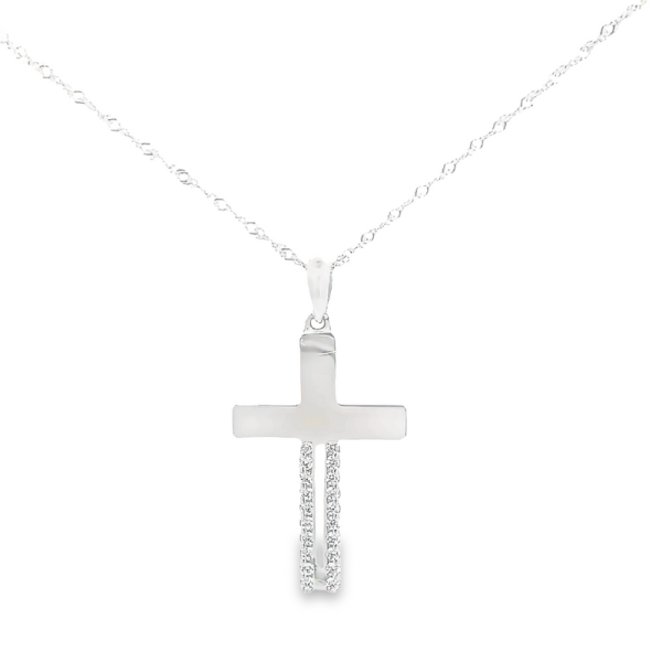 Modern Polished 18K White Cross Pendant with Pave CZ GC070