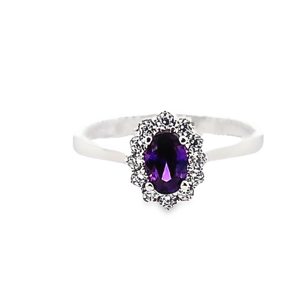 9K Gold Oval Purple Stone Ring with CZ Halo GR061