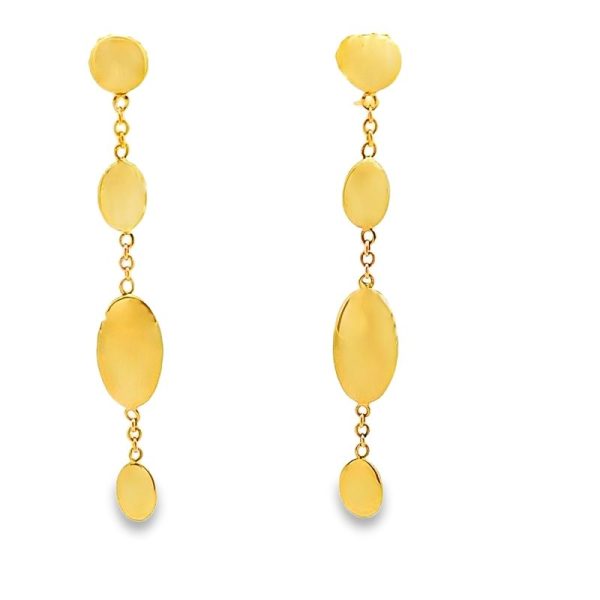 18K Gold Long Dangle Earrings with Polished Oval Discs GE006
