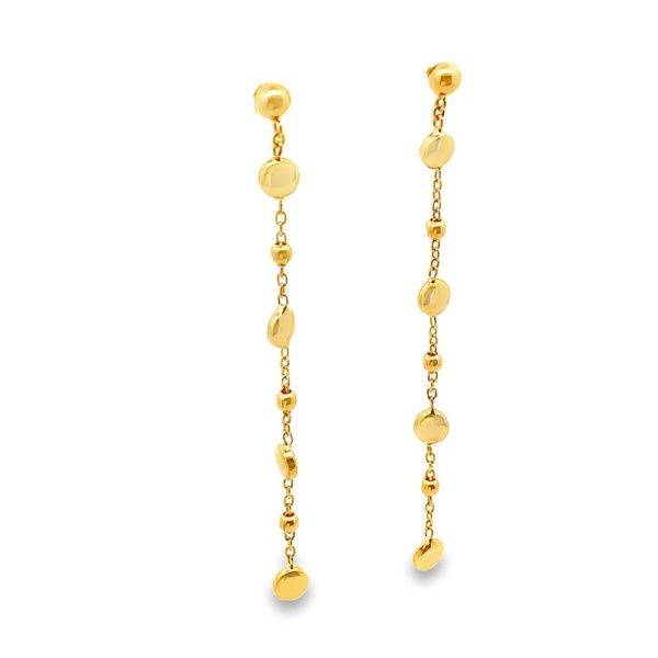 18K Gold Dangle Earrings with Discs and Bead Accents GE007