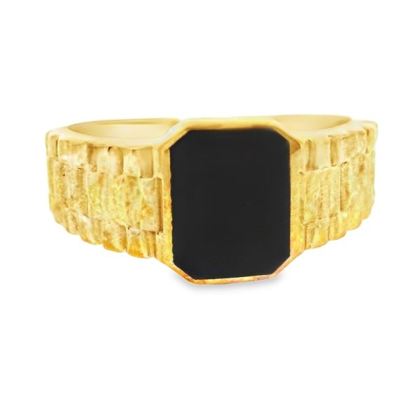 9K Gold Textured Signet Ring with Black Inlay GR066