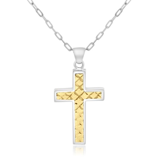 9K Gold Two-Tone Textured Cross Pendant - Double Face GC082