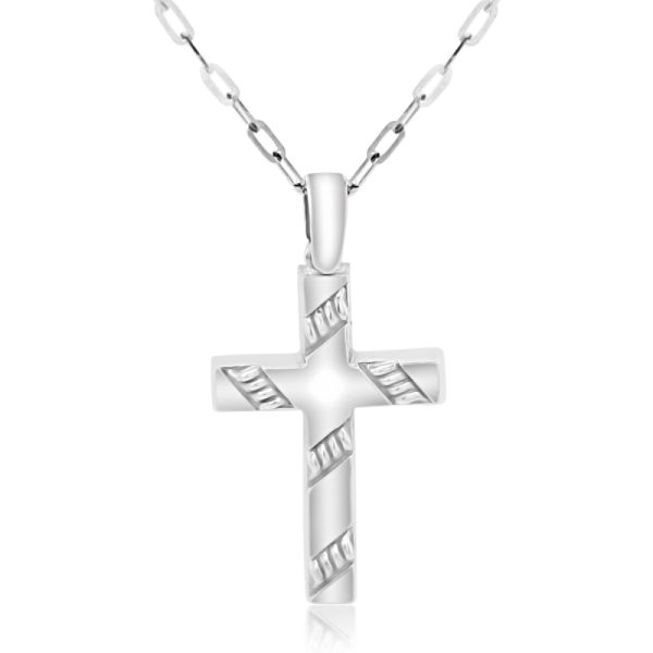 18K White Gold Contemporary Ribbed Cross Pendant GC042