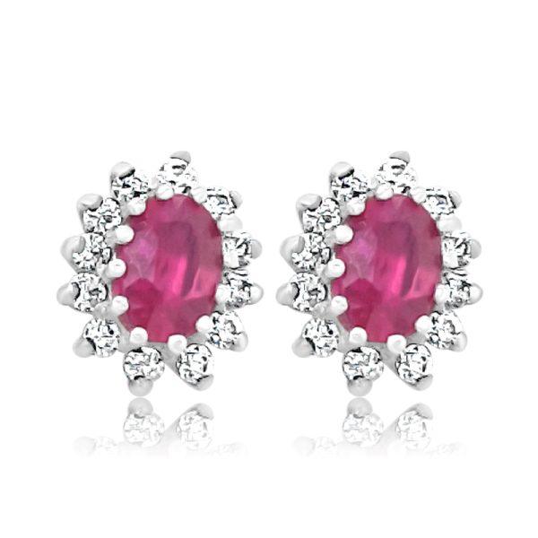 18K White Gold Red Stone Oval Cluster Stud Earrings GE026
