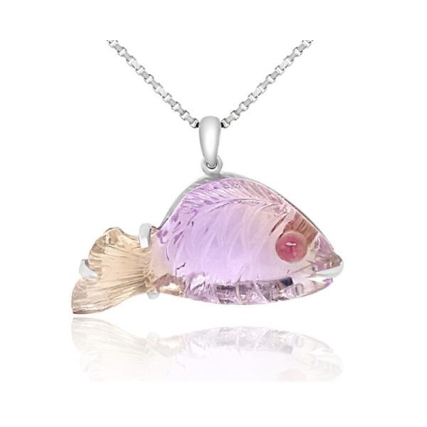 Exquisite Hand-Carved Ametrine Fish Pendant / 18K Gold GP091