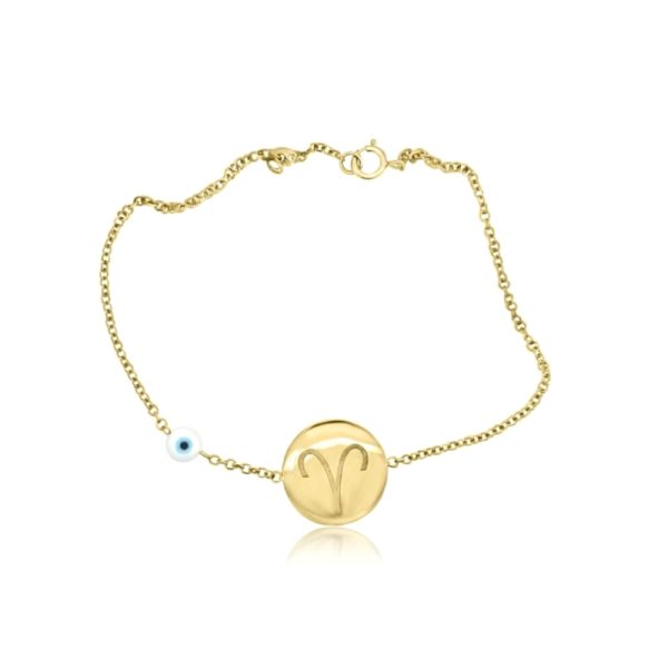 9K Yellow Gold Aries Zodiac & Evil Eye Charm Bracelet GB063