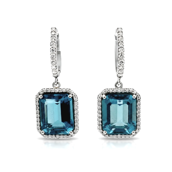 Emerald-Cut London Blue Topaz | 18K Diamond Earrings GED011