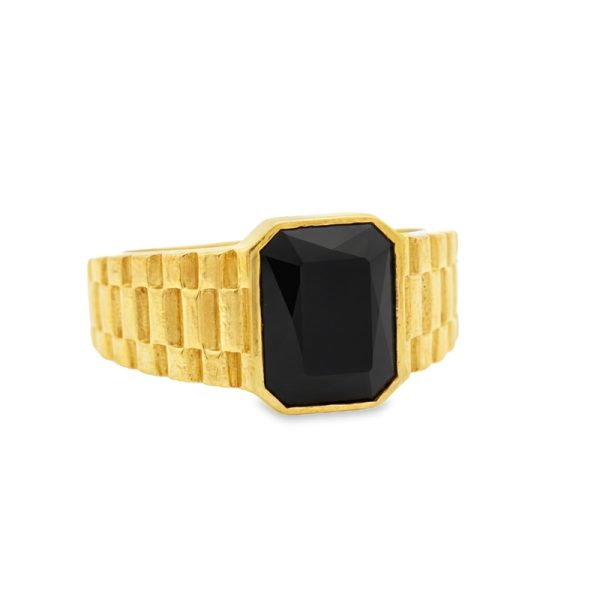 9K Gold Textured Signet Ring with Black Inlay GR066