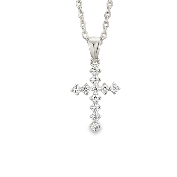 Dainty Prong-Set CZ Cross Pendant - 18K White Gold GC057