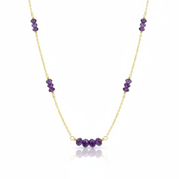 Shop our 18K yellow gold amethyst necklace featuring vibrant faceted gems. This 18-karat gold chain offers a high-shine finish and purple elegance.
