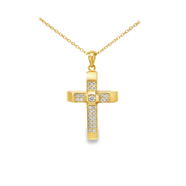 Substantial 9K Gold Bordered CZ Cross Pendant GC080