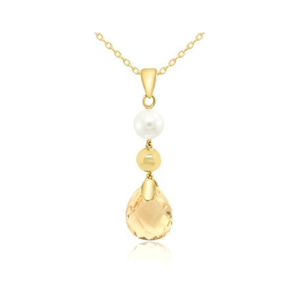18K Gold Citrine and Pearl Pendant | Briolette Gemstone GP267