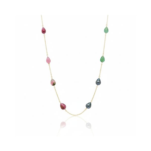 18K Gold Tourmaline Necklace - Multi-Color Teardrop Gems GP207