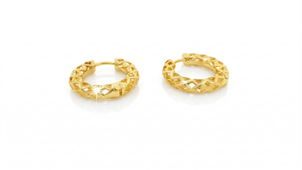 9K Gold Geometric Diamond-Cut Textured Hoop Earrings GE119