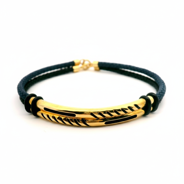 Unisex 18K Gold Bar Bracelet on Dual-Tone Braided Cord GB042