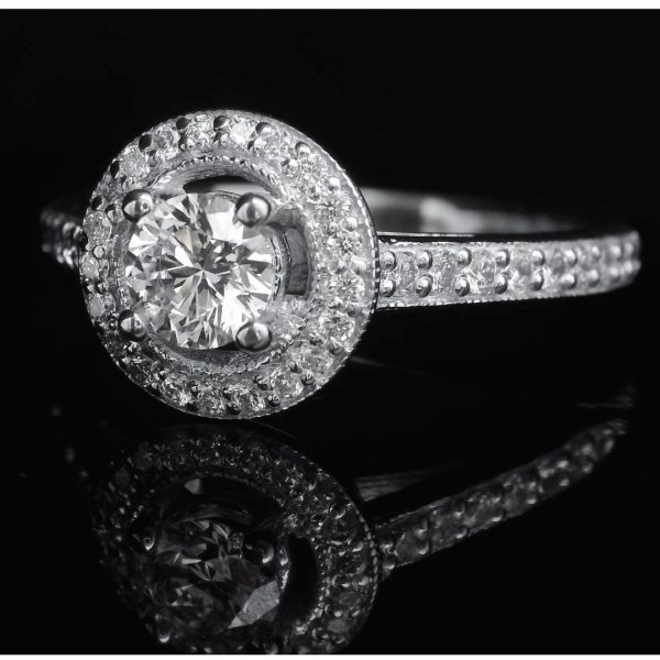 18K Halo Round Diamond Engagement Ring / Pavé Band GRS027