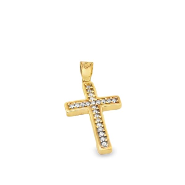 Classic 18K Gold Bordered Cross Pendant with CZ Accents GC066