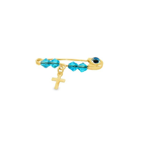 9K Gold Baby Pin with Blue Beads and Cross Charm GBR003
