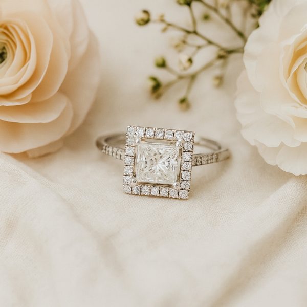 18K Gold Princess Cut Diamond Halo Ring - Pavé Band GRS239