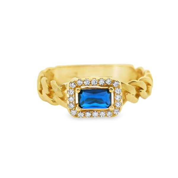 Bold 9K Gold Cuban Link Ring with Blue CZ and Halo GR0741