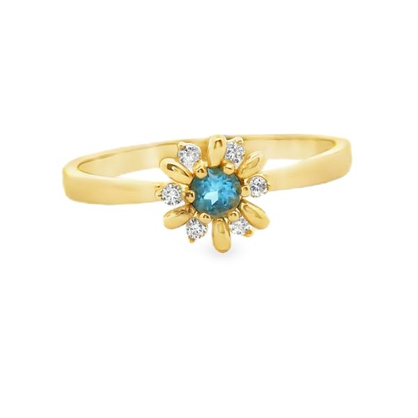 9K Yellow Gold Blue Stone Flower Ring | CZ Cluster Design GR075