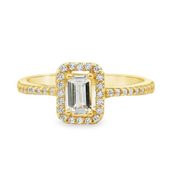 9K Yellow Gold Emerald Cut CZ Ring | Halo Ring GR072