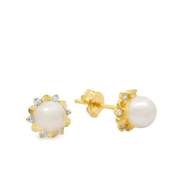9K Gold Pearl & CZ Stud Earrings GE011