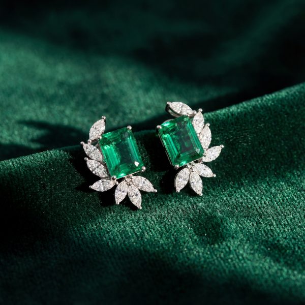 18K Marquise 1.00 Carat Diamonds | Emerald Earrings GED032