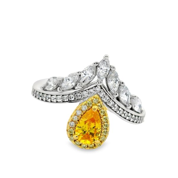 Silver Yellow CZ Ring | Elegant Wishbone V-Shape Design SR026