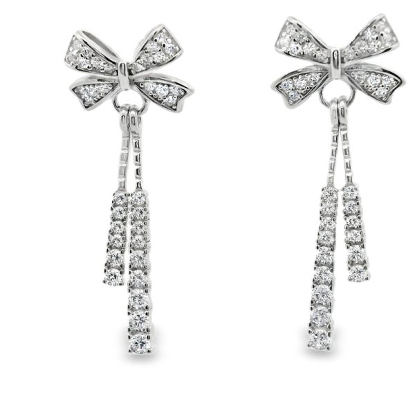 Silver CZ Drop Earrings | Elegant Bow & Tassel Design SE042
