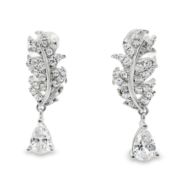 Silver Leaf Drop Earrings | Sparkling Pear Cut Design SE035