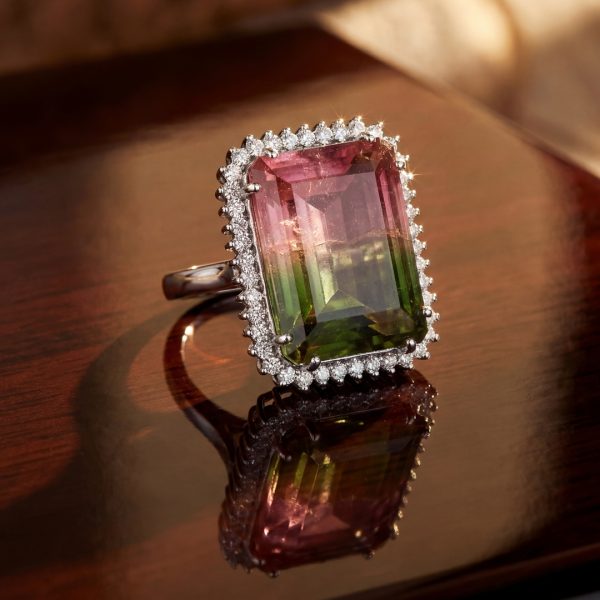 Rare 17.32ct Natural Watermelon Tourmaline Diamond Ring GRD105