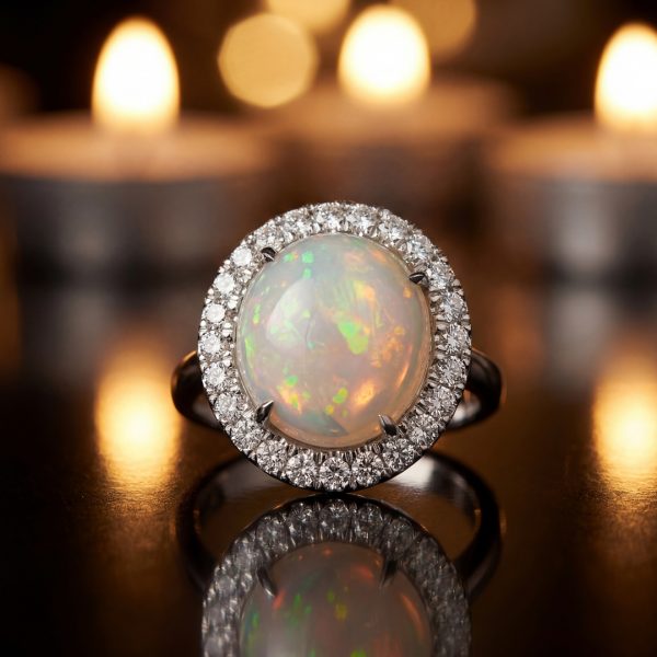 Massive 18K White Gold Natural Opal Diamond Halo Ring GRD116