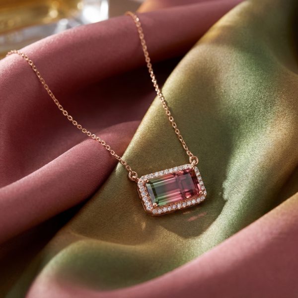 Bi-Color Tourmaline Necklace | 18K Gold & Diamond Halo GPD176