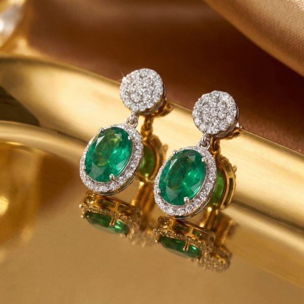 18K Gold Natural Emerald and Diamond Drop Earrings GED013