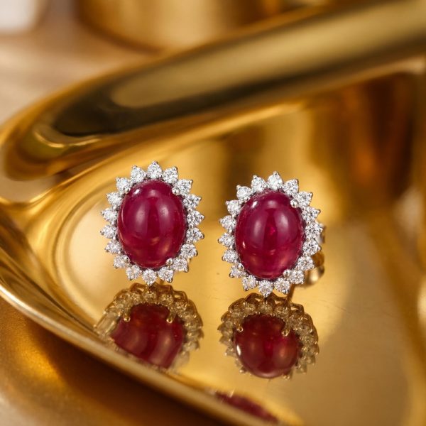 18K Gold Ruby and Diamond Halo Earrings GED086