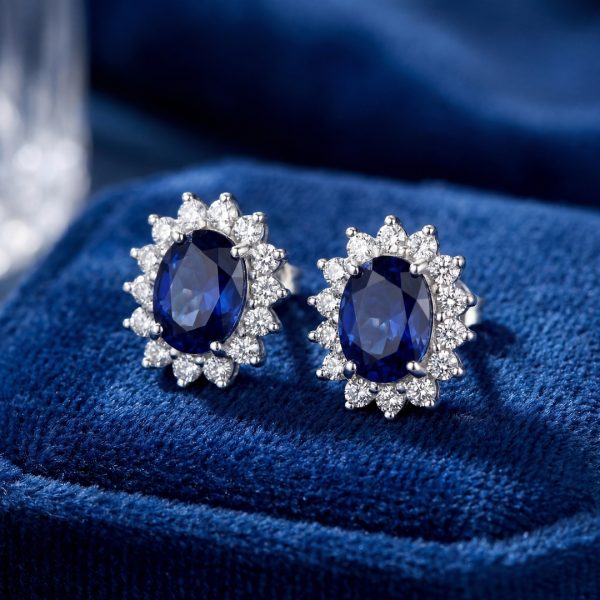 Sapphire and Diamond Earrings | 18K Gold Oval Studs GED050
