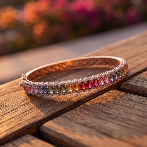 18K Gold Bangle with Rainbow Sapphires and Diamonds GBD034