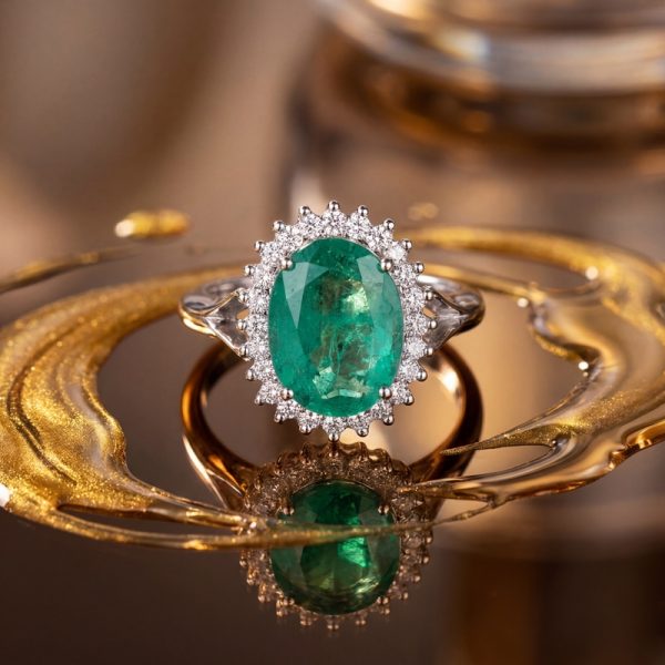 Natural Emerald and Diamond Halo Ring | 18K Gold GRD041