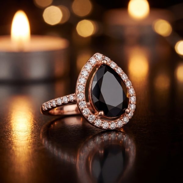Exquisite Pear Black Diamond Halo Ring in 18K Gold GRS029