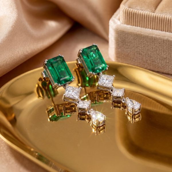 18K Gold Emerald & Diamond Earrings | Princess Drops GED033