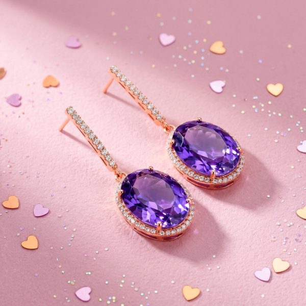 Oval Amethyst & Diamond Halo Drop Earrings | 18K Gold GED042