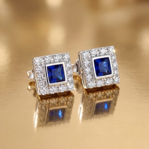 18K Sapphire and Diamond Earrings | Square Halo Studs GED095