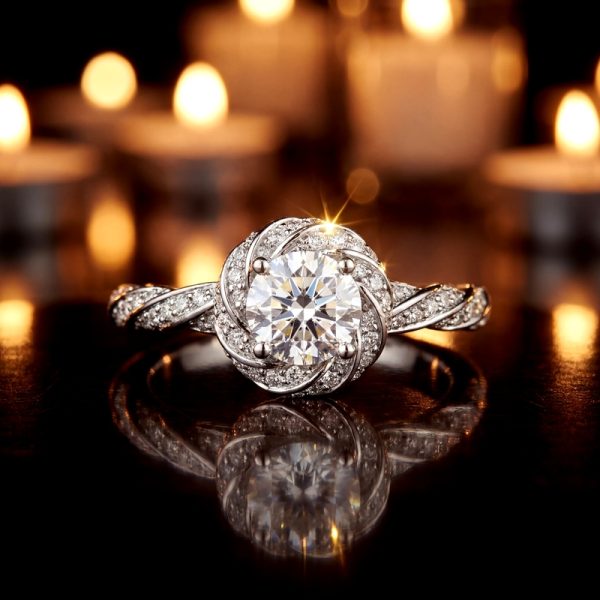 18K Swirl Design Diamond Ring with Twisted Pavé Band GRS233